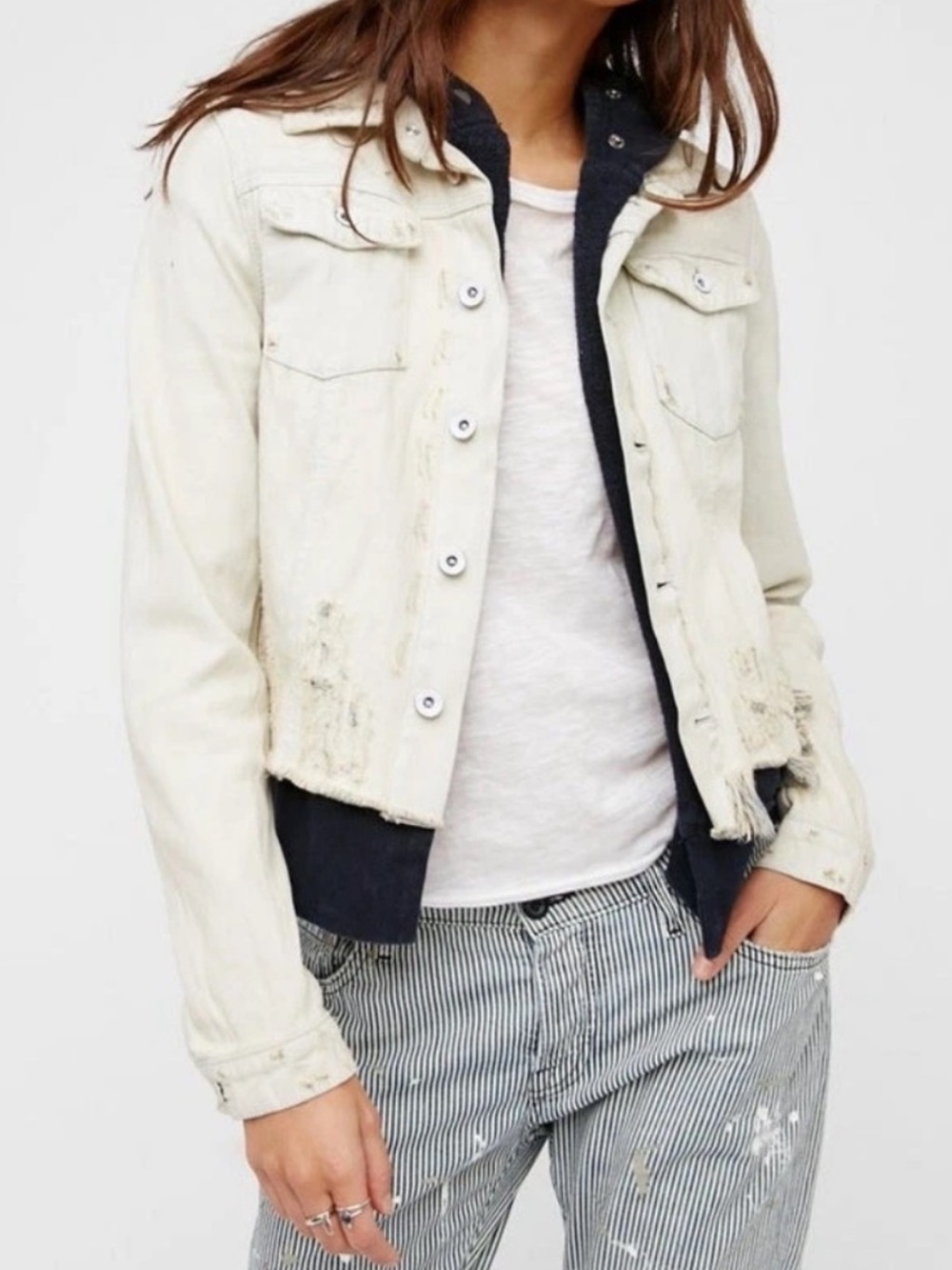 Free People Double Weave Distressed Hoodie Denim Jacket White Liberty Size S